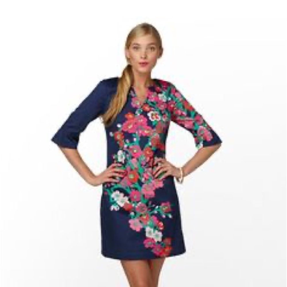 Floral Embroidered Navy Dress